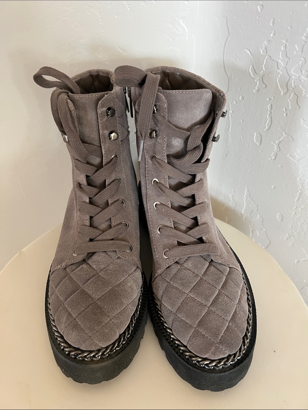 Vince Camuto Women's Quilted Zip & Lace-Up Ankle Boots in Taupe suede
